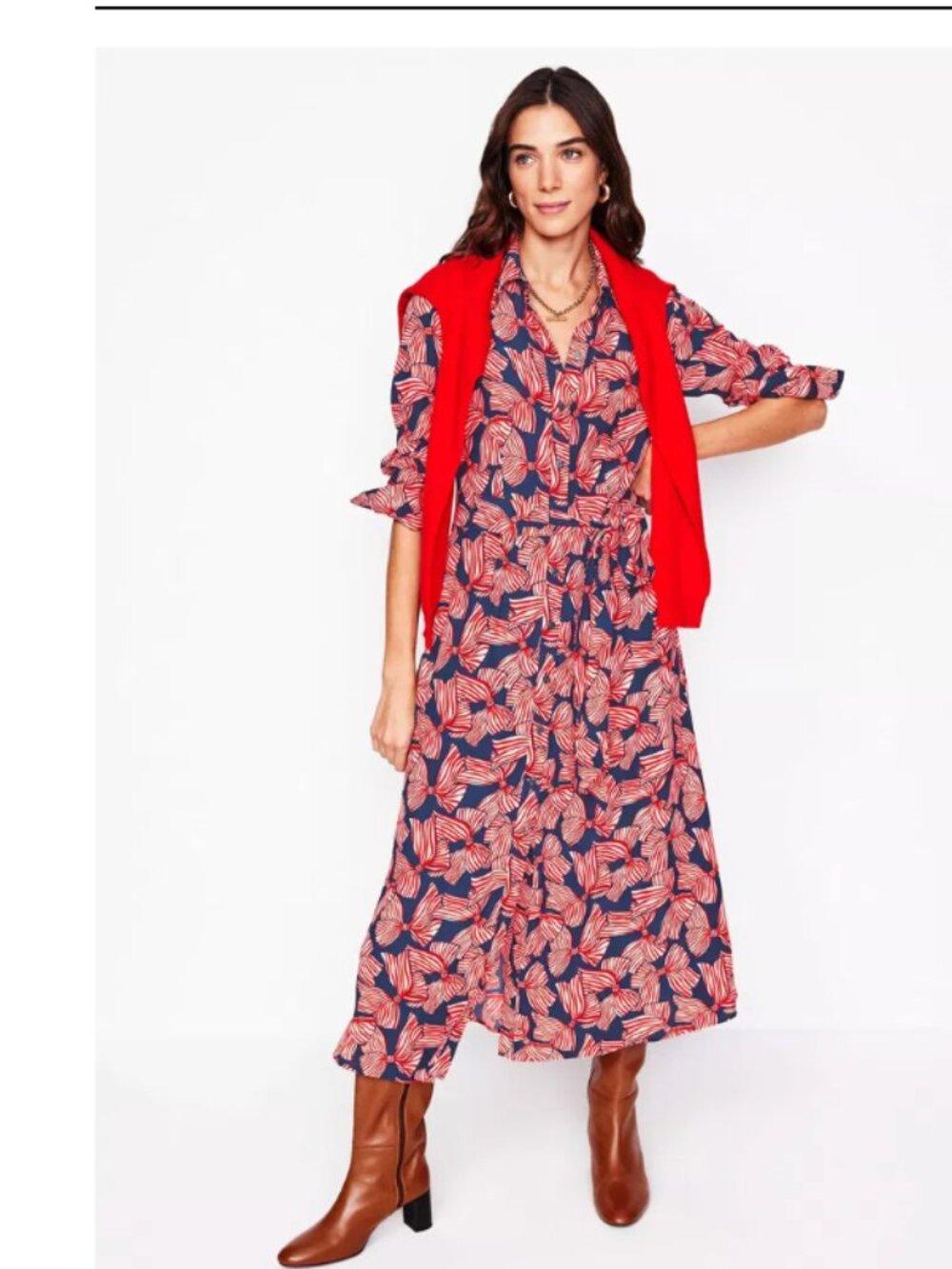 BODEN Kate Navy Red All Over Bow Midi Shirt Dress size 4P